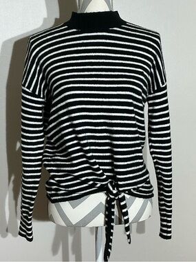 LOFT Black and White Striped Tie-Front Mock Neck Sweater